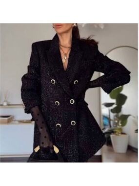 Zara black textured metallic double blazer